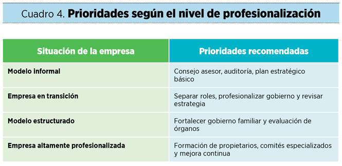Cuadro 4. Prioridades según el nivel de profesionalización